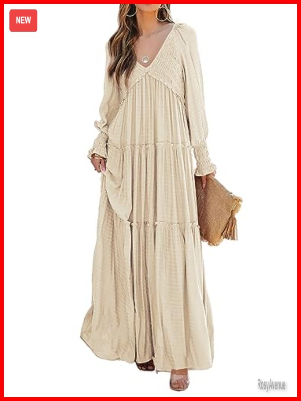 Long Sleeve V Neck Empire Waist Layered Ruffle Flowy Boho Maxi Dress - Picture 2 of 7